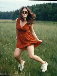 A 21 year old woman with short hair and a red dress lounges in a sunlit meadow