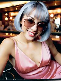 A sultry grey haired woman in 1960s attire sips at a bar amidst dim dusk lighting