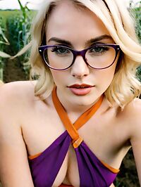 Petite platinum blonde woman in 1970s attire poses seductively in a cornfield under sunny skies