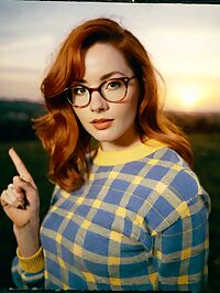 Woman with auburn hair and light blue eyes wearing plaid sweater and yellow legwear