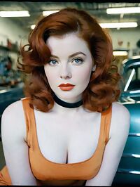 Woman in a bright orange 1950s dress with auburn hair repairs cars at the local garage